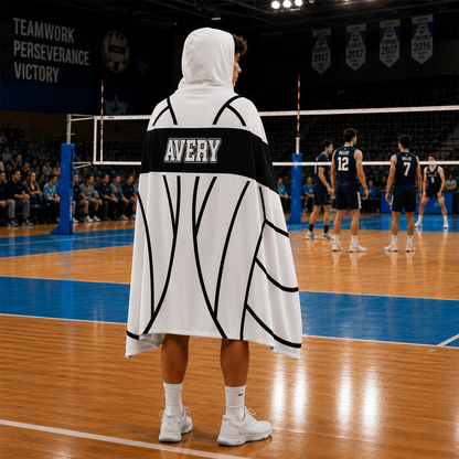 Close-up of custom name on volleyball Minky fleece hooded wearable blanket
