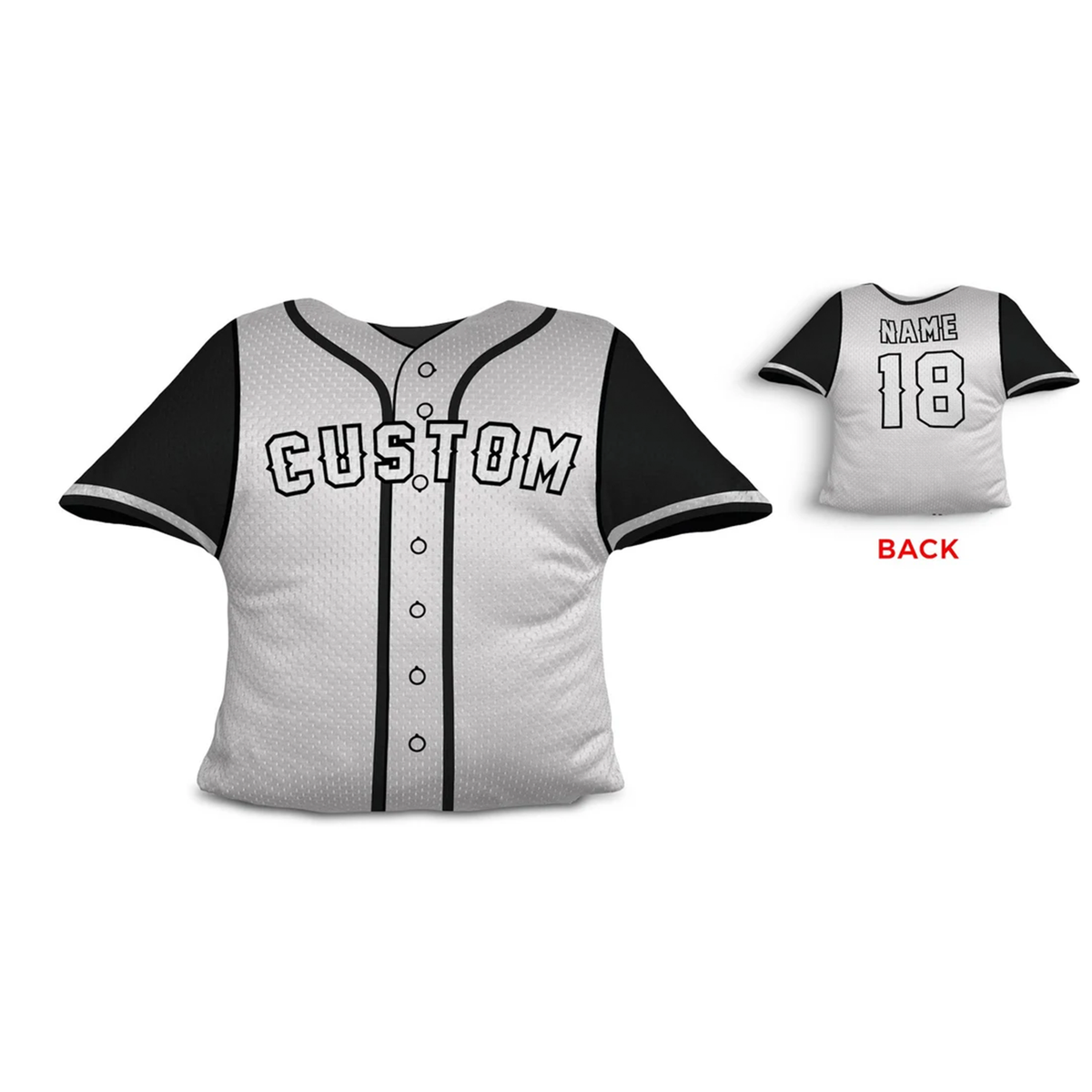 Baseball jersey personalized throw pillow in white and black as custom sports gift
