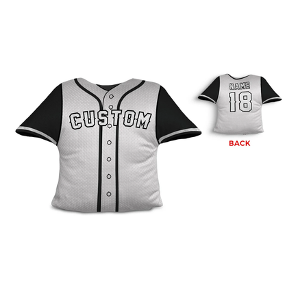 Baseball jersey personalized throw pillow in white and black as custom sports gift