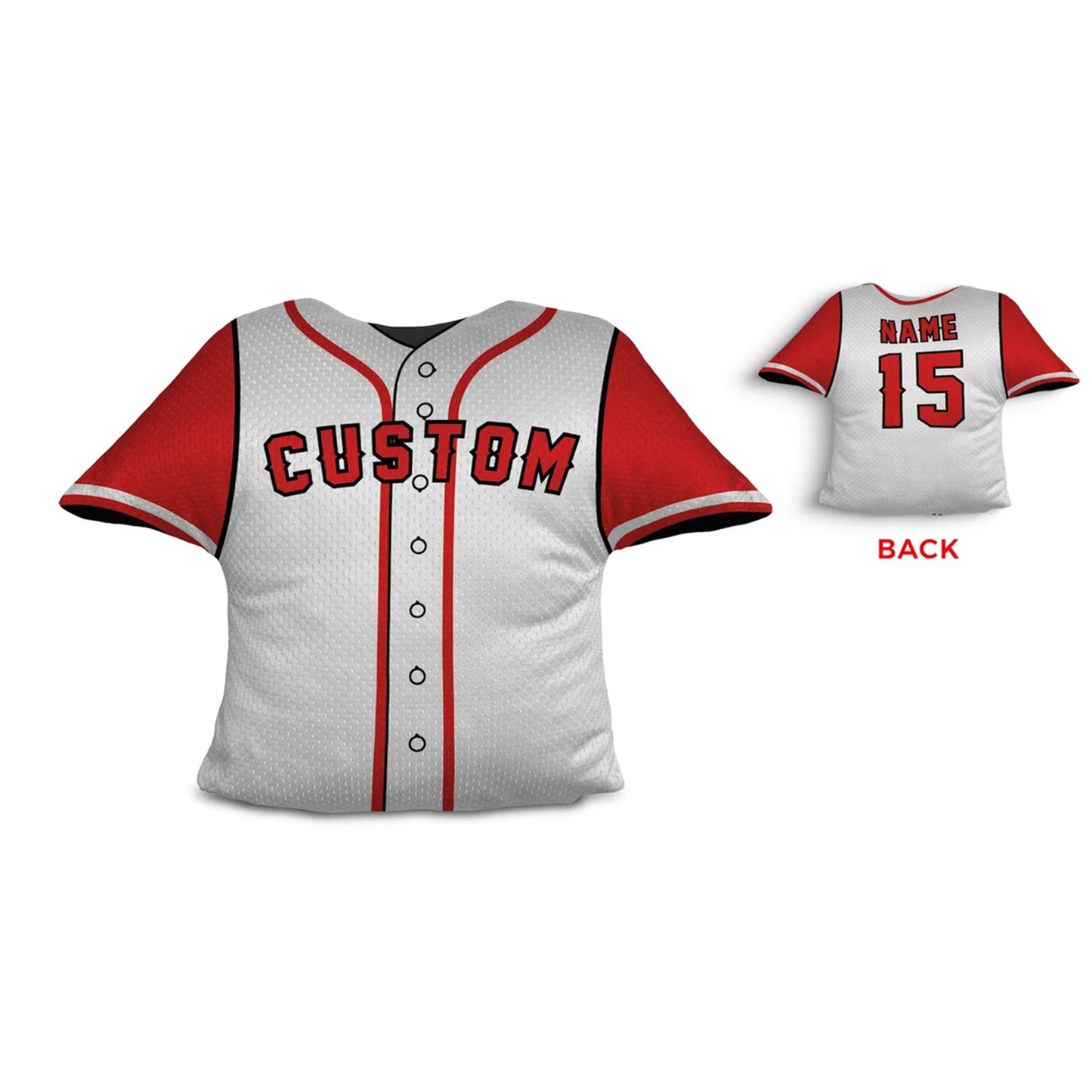Baseball jersey throw pillow in white and red alternate style as custom team gift