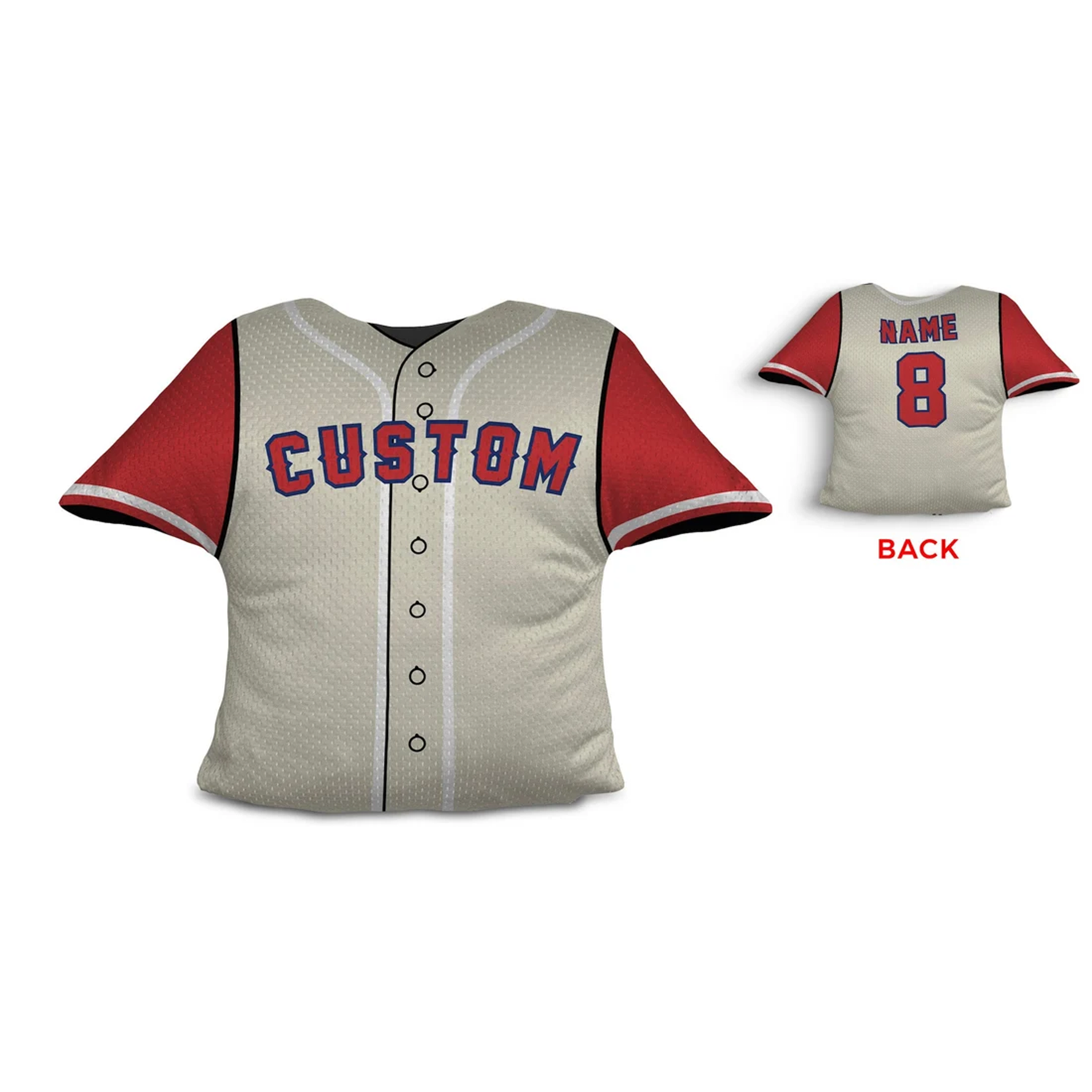 Baseball jersey personalized throw pillow in white and red as custom birthday gift