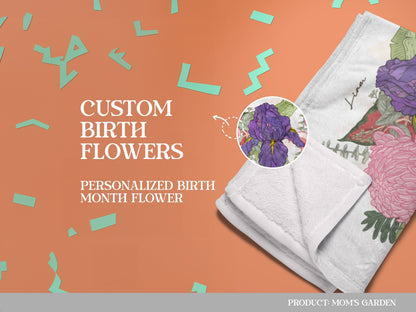 Close up of the personalized floral blanket showing the personalized birth flower