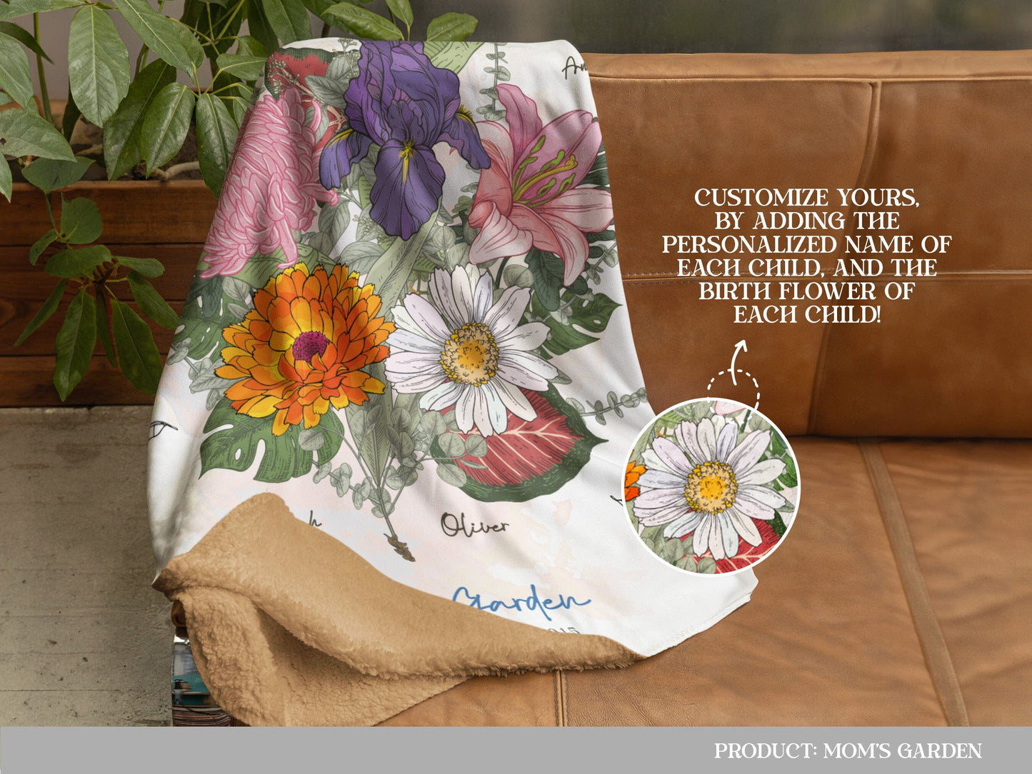 Close up of the personalized floral blanket showing the customized name of each children