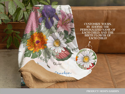 Close up of the personalized floral blanket showing the customized name of each children