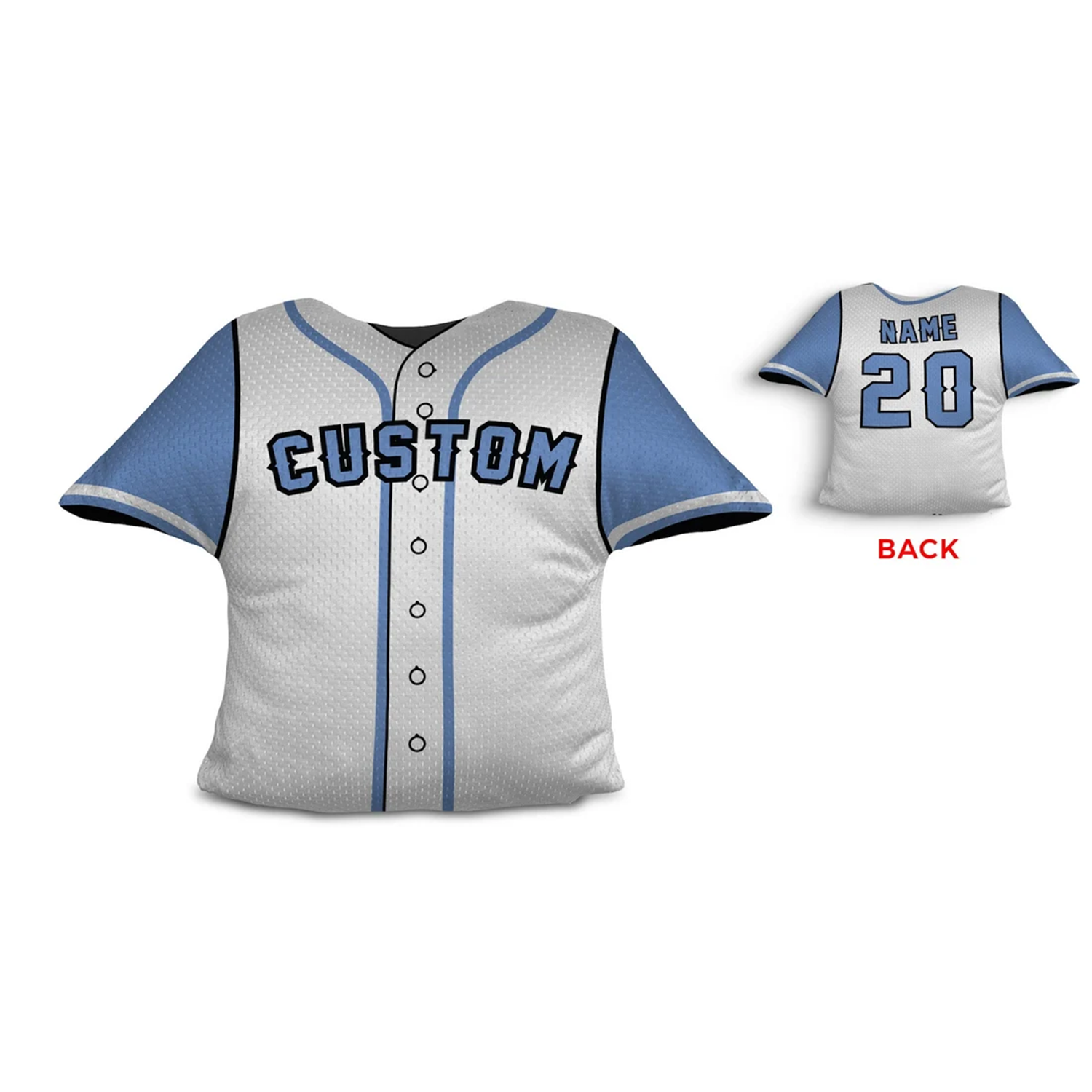 Baseball jersey throw pillow in white and columbia blue as custom personalized gift