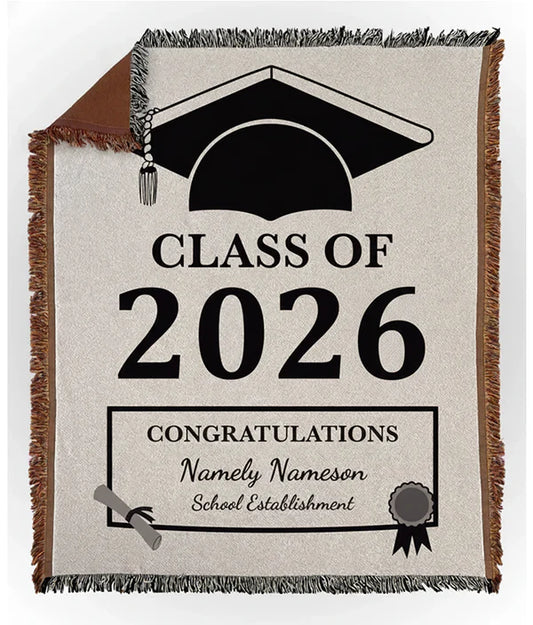 Custom Woven Class of 2026 Throw Blanket – Graduation Gift with Personalized School Name