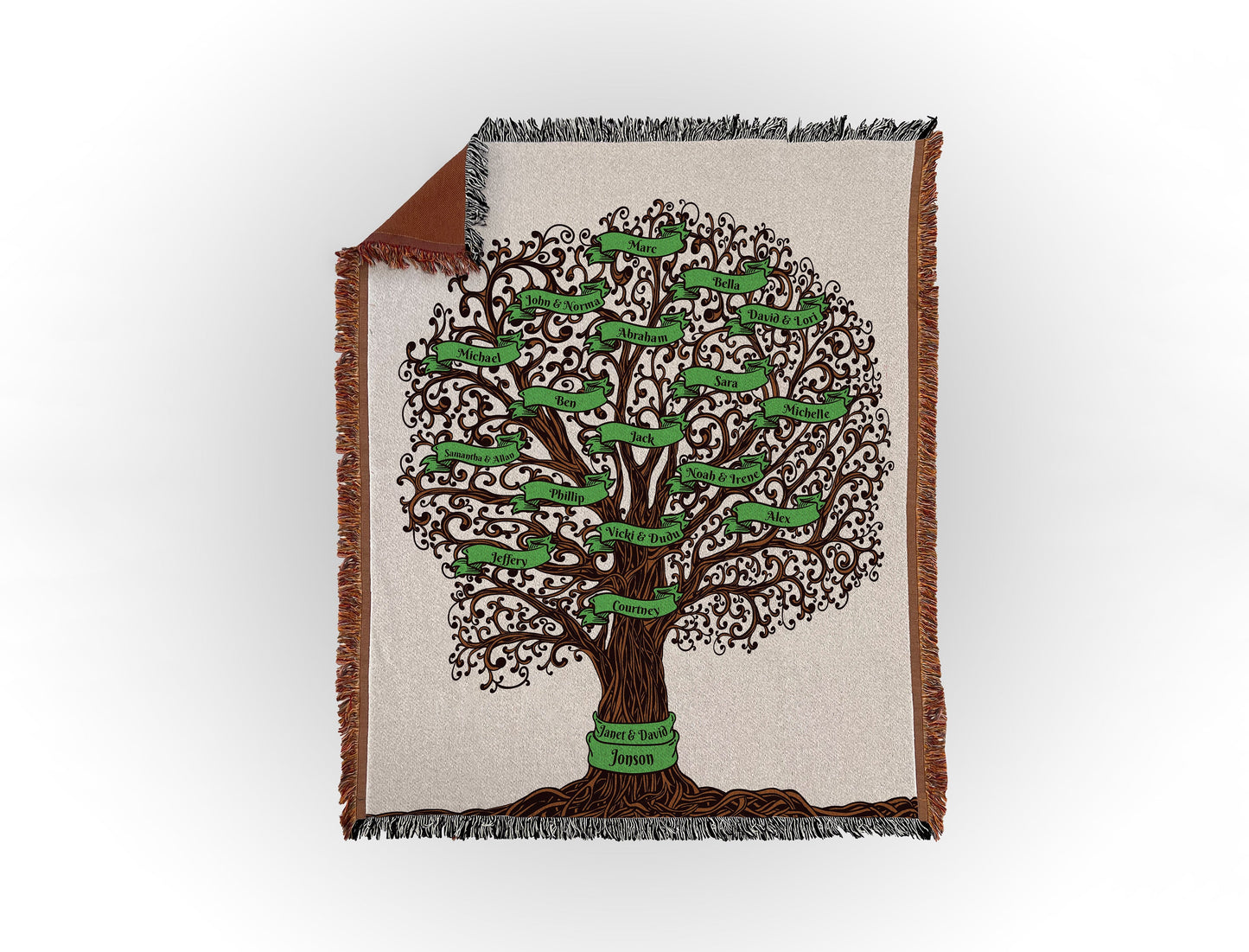 Woven throw blanket featuring an intricate family tree design with 17 names on green banners, displayed flat on a white background.