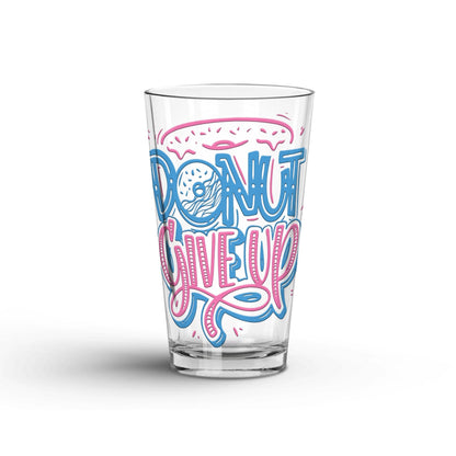 Donut Give Up transparent Tumbler Glass being shown in a white background