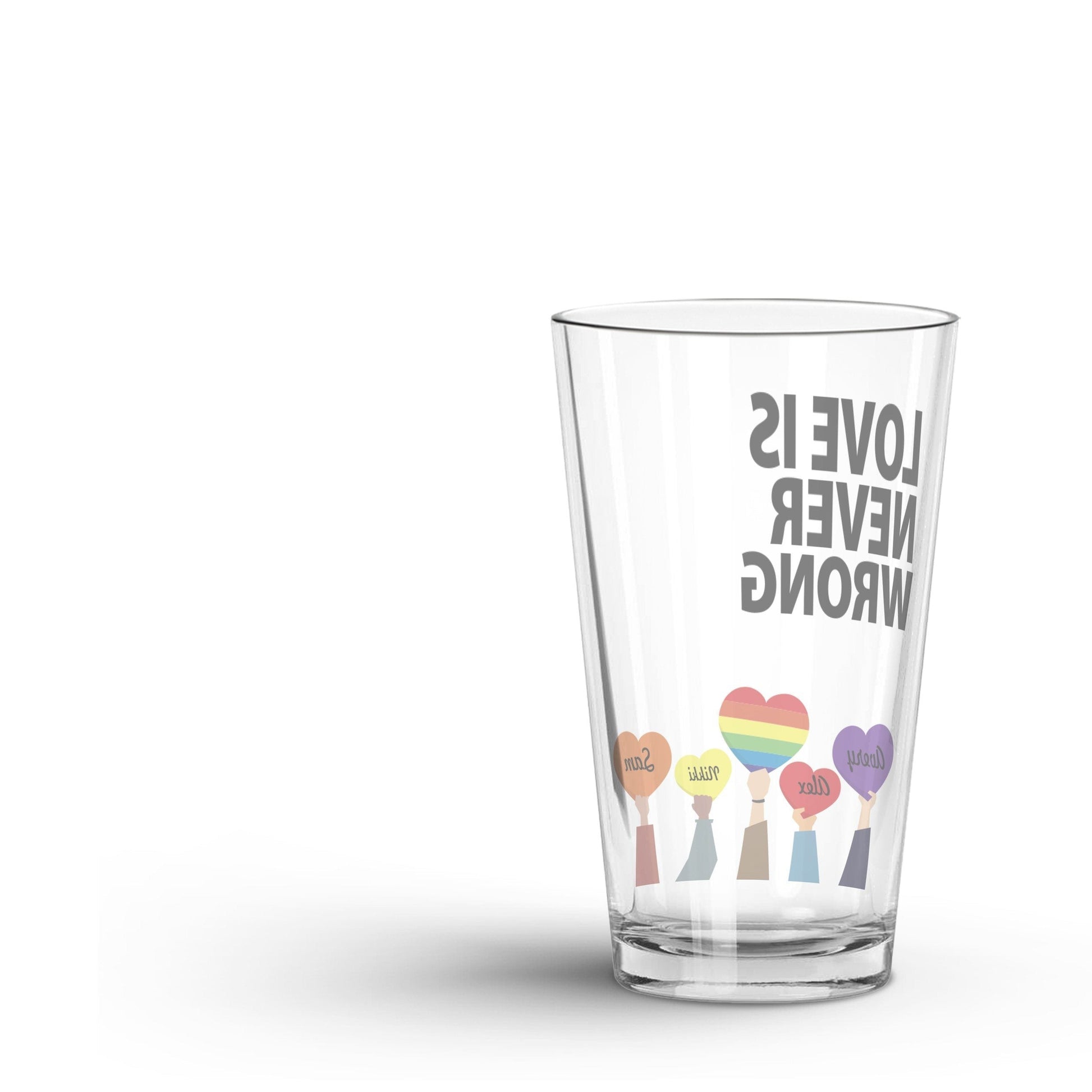 backside of a Personalized Love is Never Wrong LGBTQ Glass Tumbler Glass on white a background