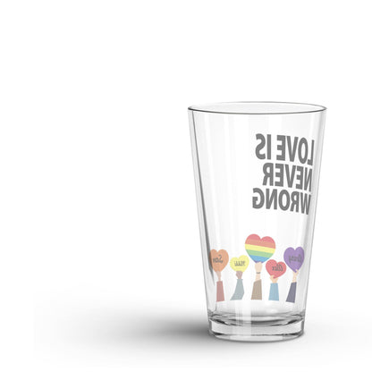 backside of a Personalized Love is Never Wrong LGBTQ Glass Tumbler Glass on white a background