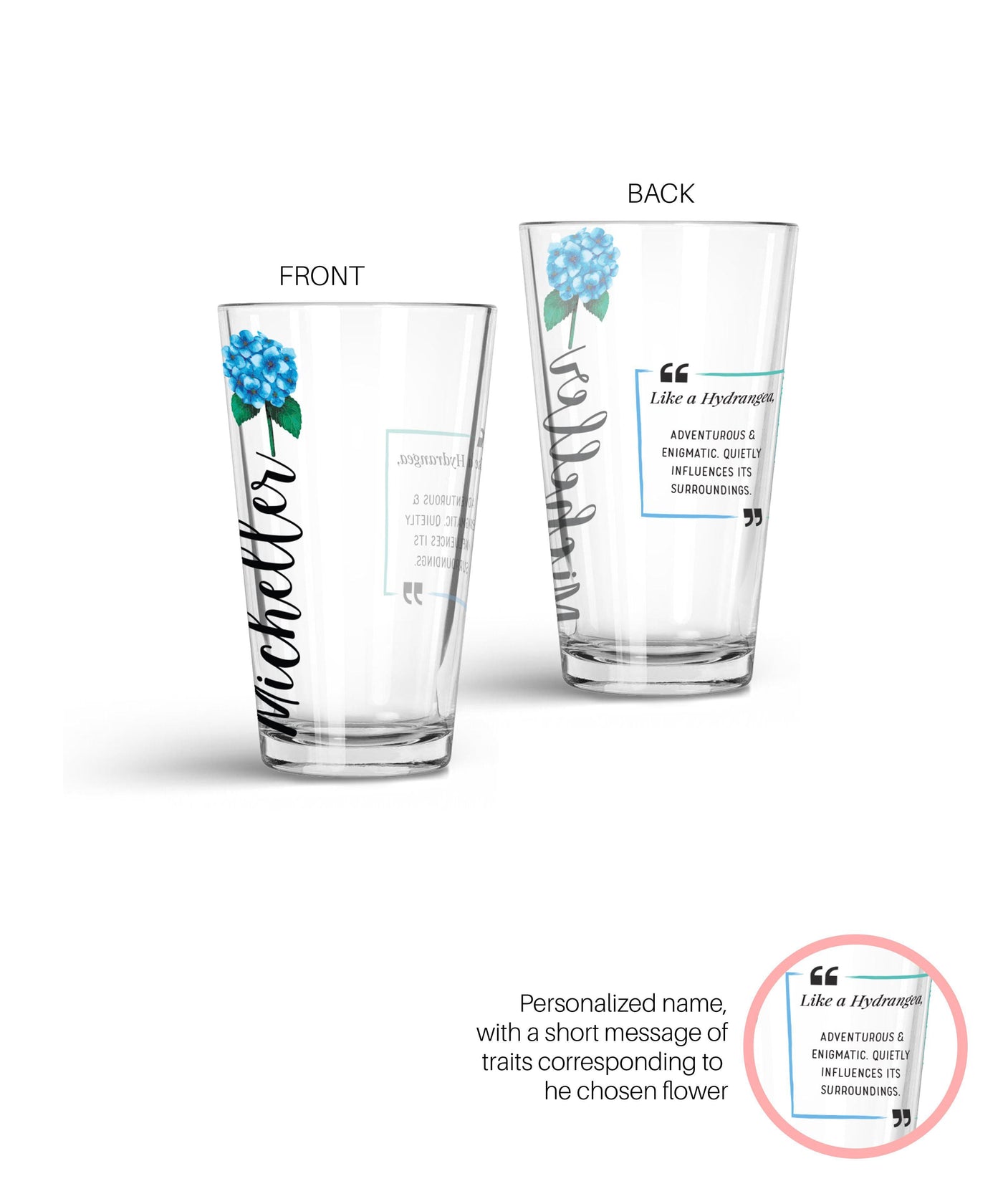 Personalized Special Flower Glass Tumbler Glass Tumbler Sam + Zoey Blue Hydrangea  Sam + Zoey
