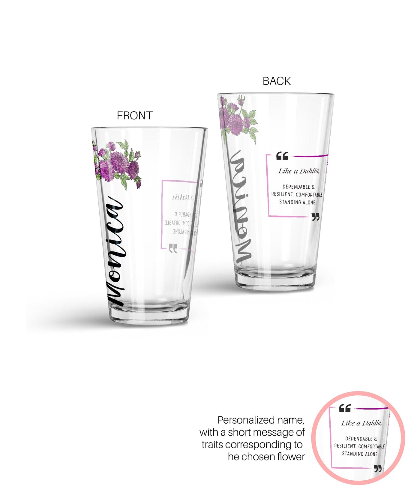 Personalized Special Flower Glass Tumbler Glass Tumbler Sam + Zoey Dahlia  Sam + Zoey