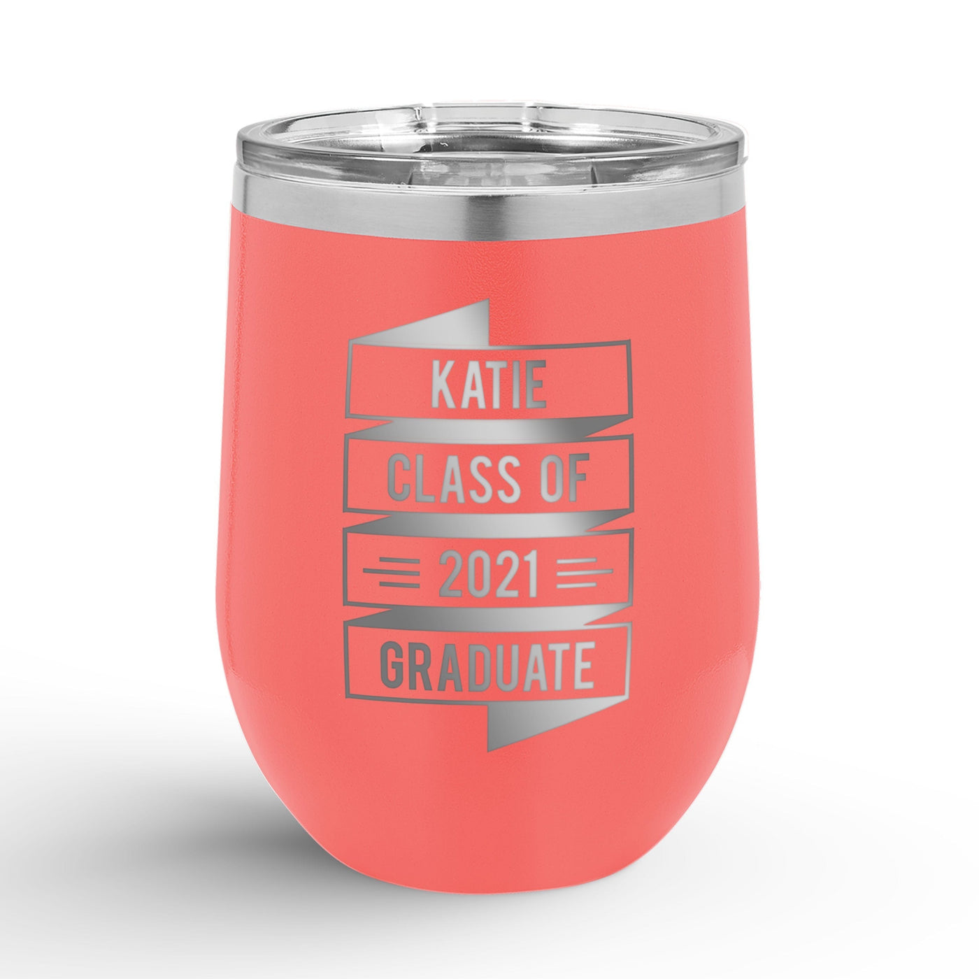 Personalized Graduation Banner 12oz Insulated Wine Tumbler Insulated Tumbler Sam + Zoey Coral  Sam + Zoey