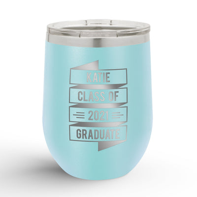Personalized Graduation Banner 12oz Insulated Wine Tumbler Insulated Tumbler Sam + Zoey Light Blue  Sam + Zoey