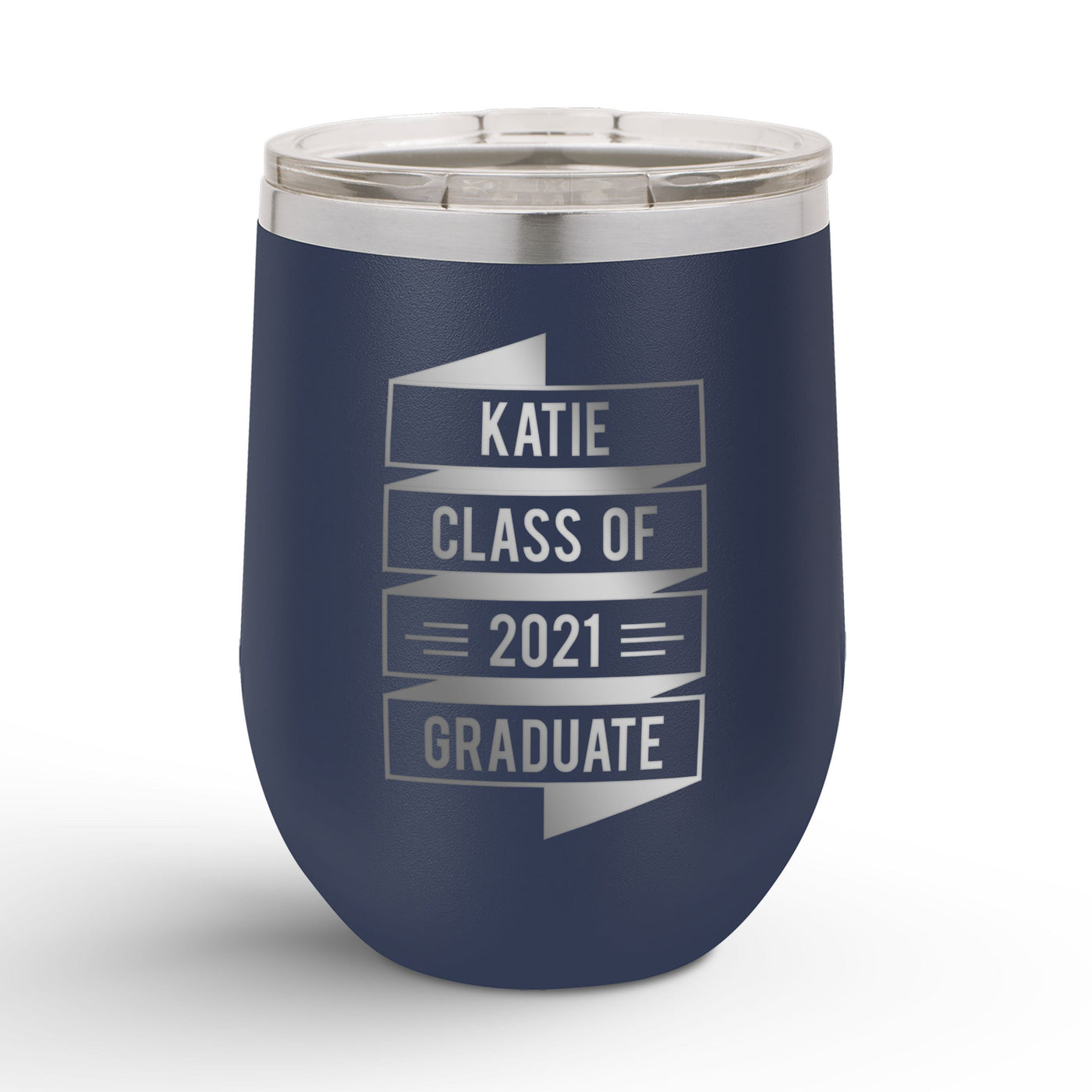 Personalized Graduation Banner 12oz Insulated Wine Tumbler Insulated Tumbler Sam + Zoey Navy Blue  Sam + Zoey