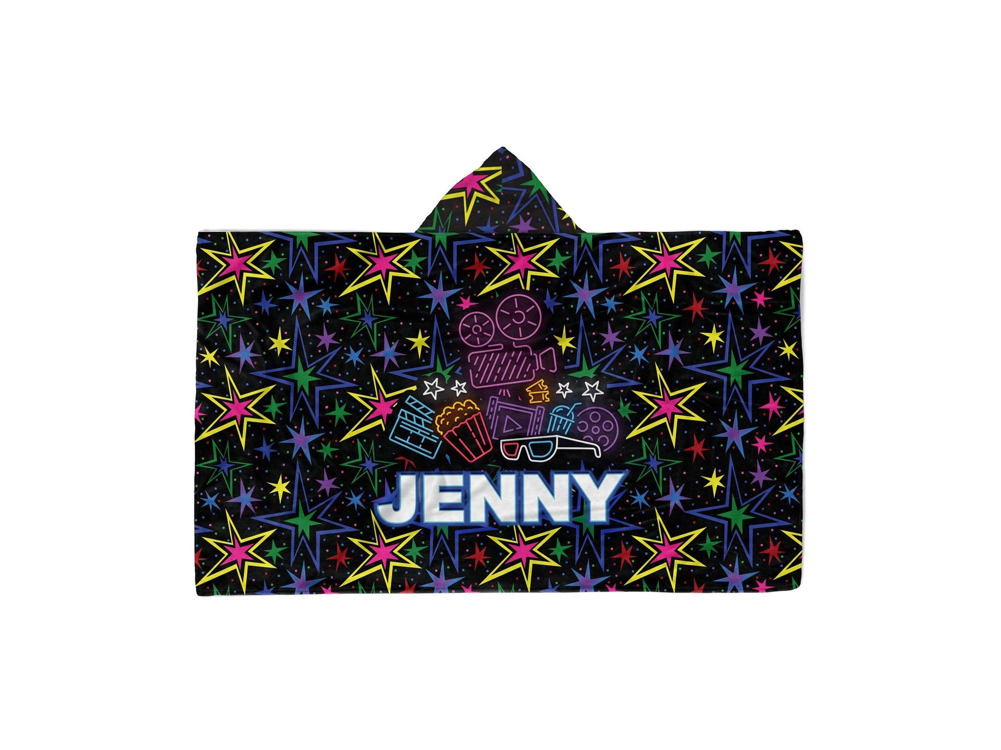 A hooded black blanket with different color stars beinng shown in a white background