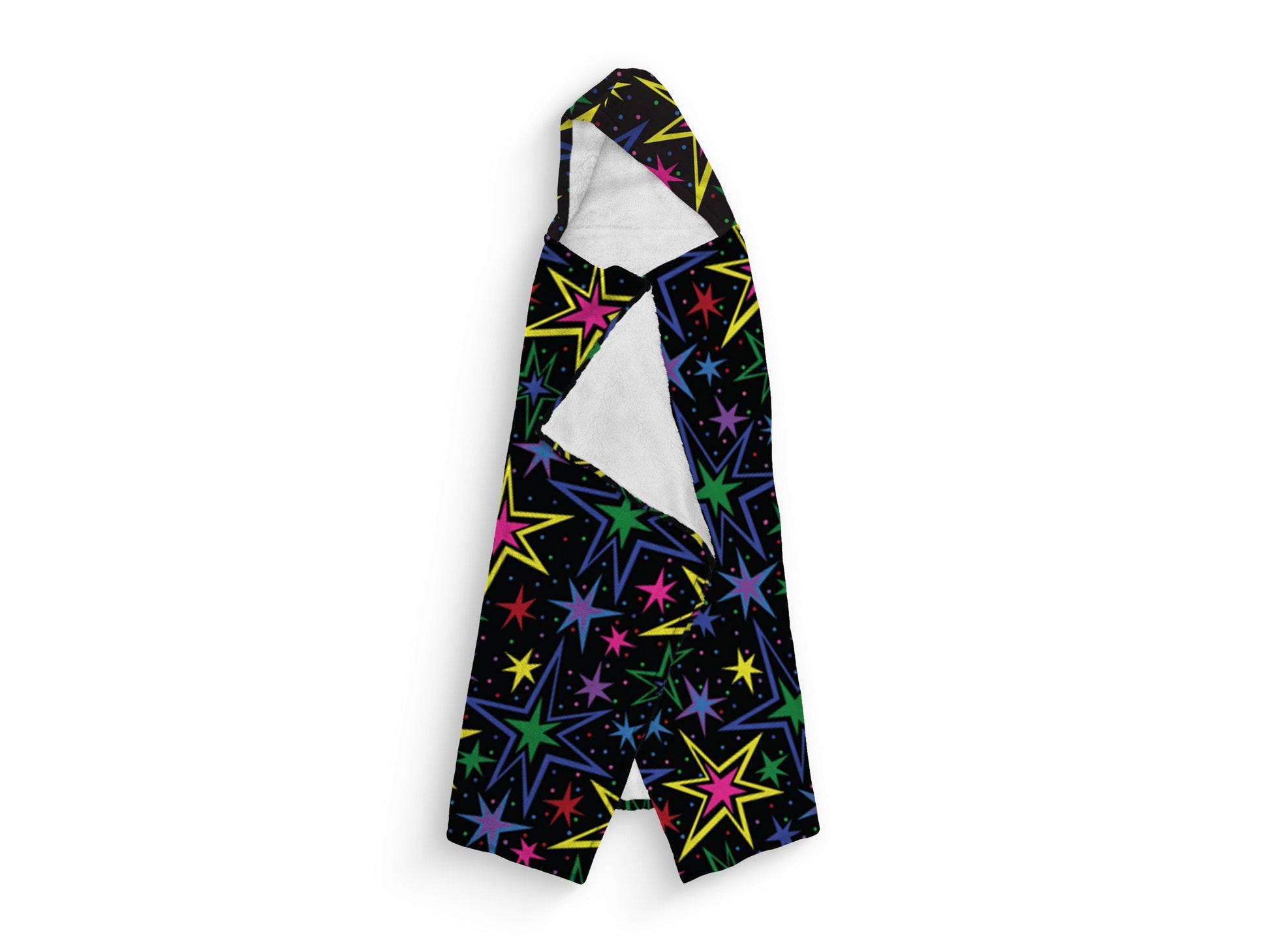 A folded hooded black blanket with different color stars beinng shown in a white background