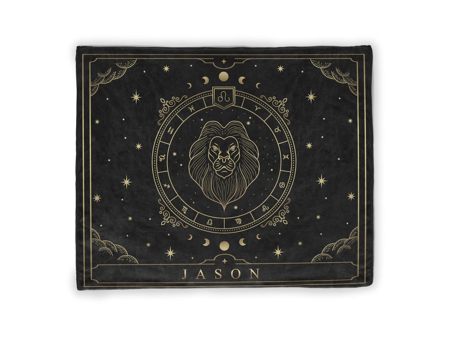 A black throw fleece blanket with Leo Zodiac sign and customized name with a white background