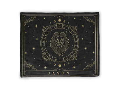 A black throw fleece blanket with Leo Zodiac sign and customized name with a white background