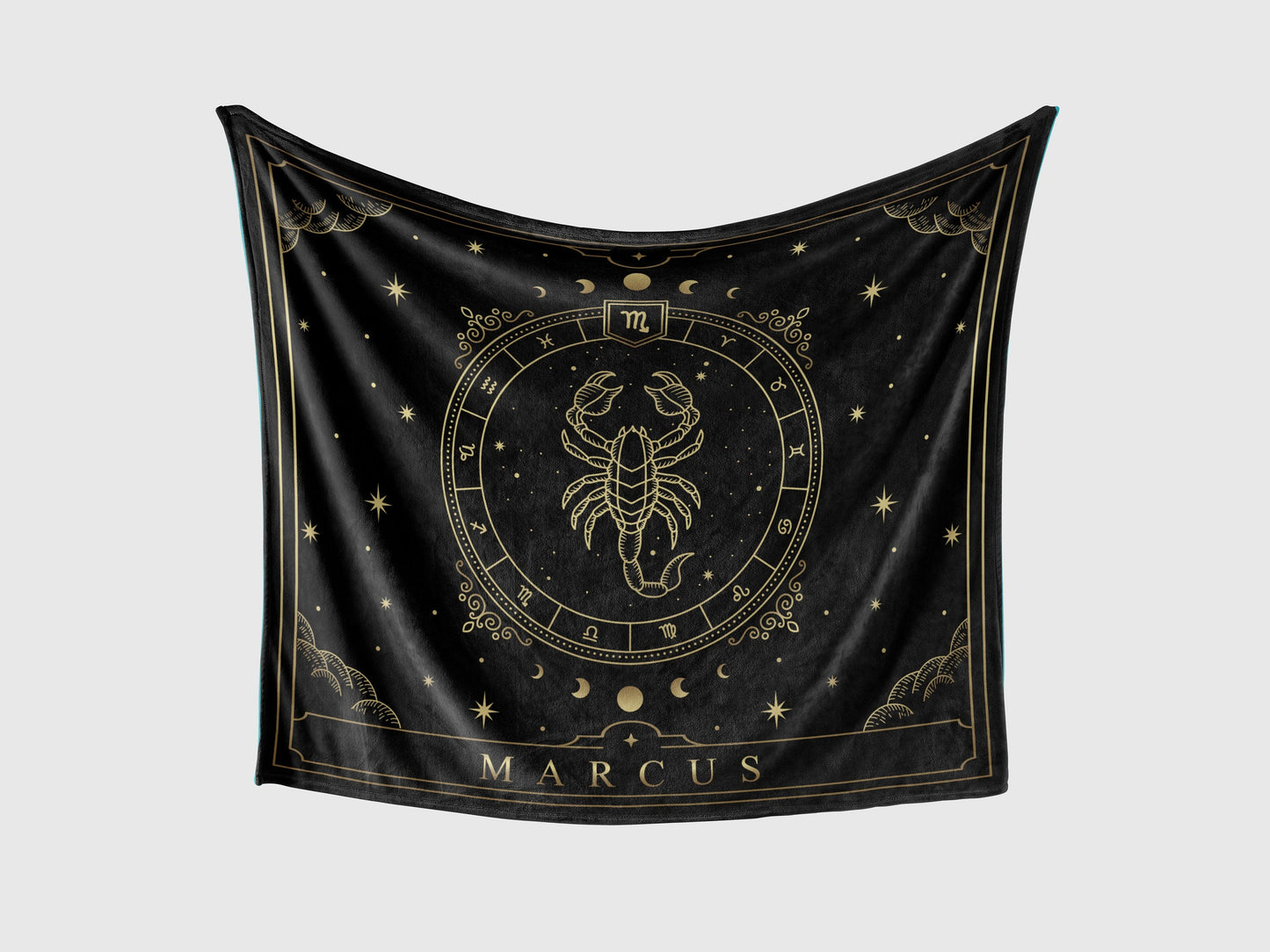A black throw fleece blanket with scorpio Zodiac sign and customized name with a white background