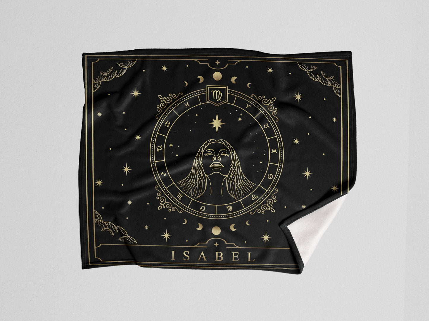 A black throw wooven blanket with virgo Zodiac sign and customized name with a white background