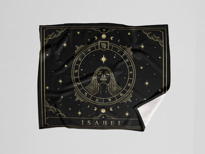 A black throw wooven blanket with virgo Zodiac sign and customized name with a white background