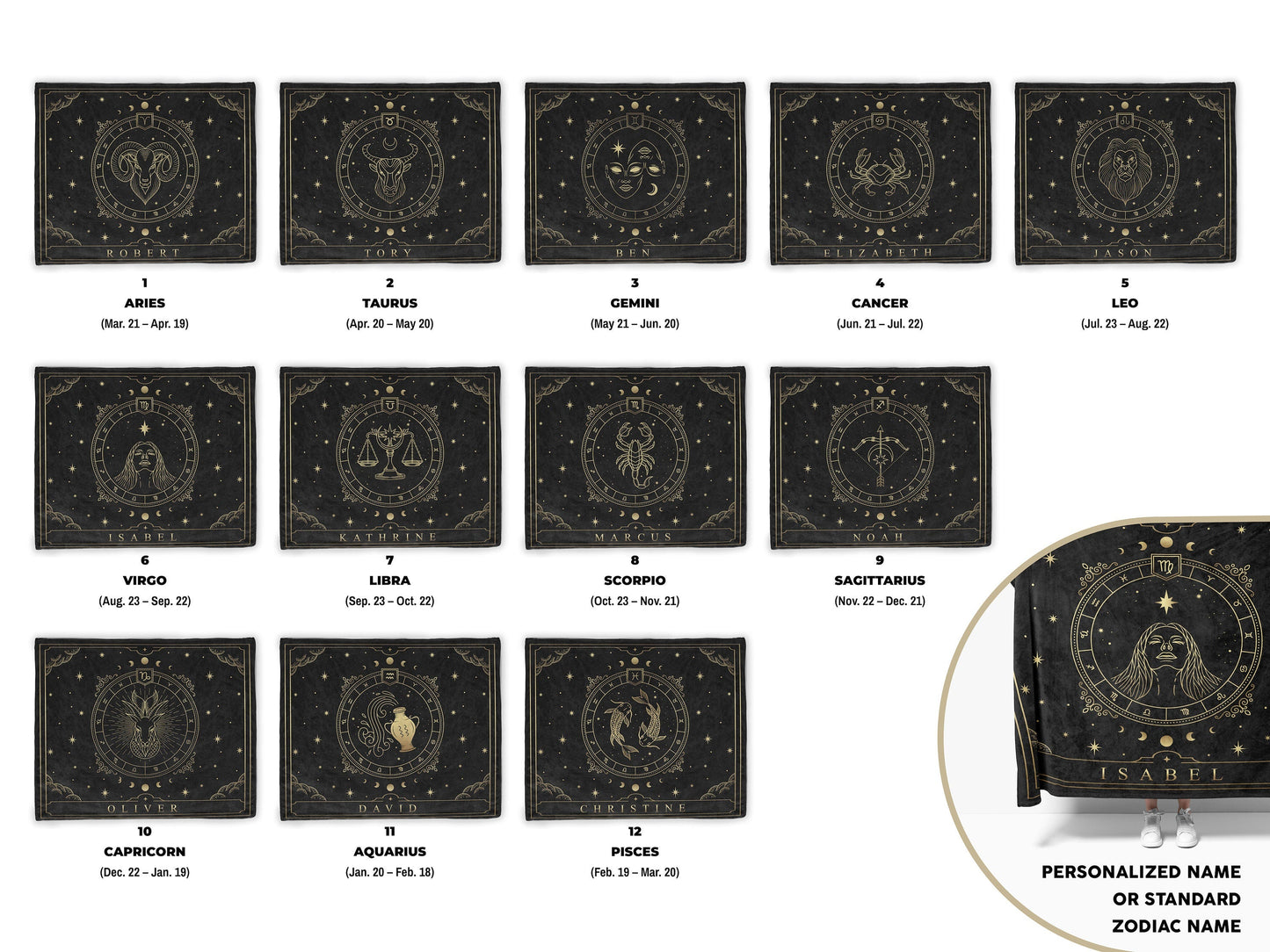 Showing 12 types of blankets with personalized name and zodiac signs