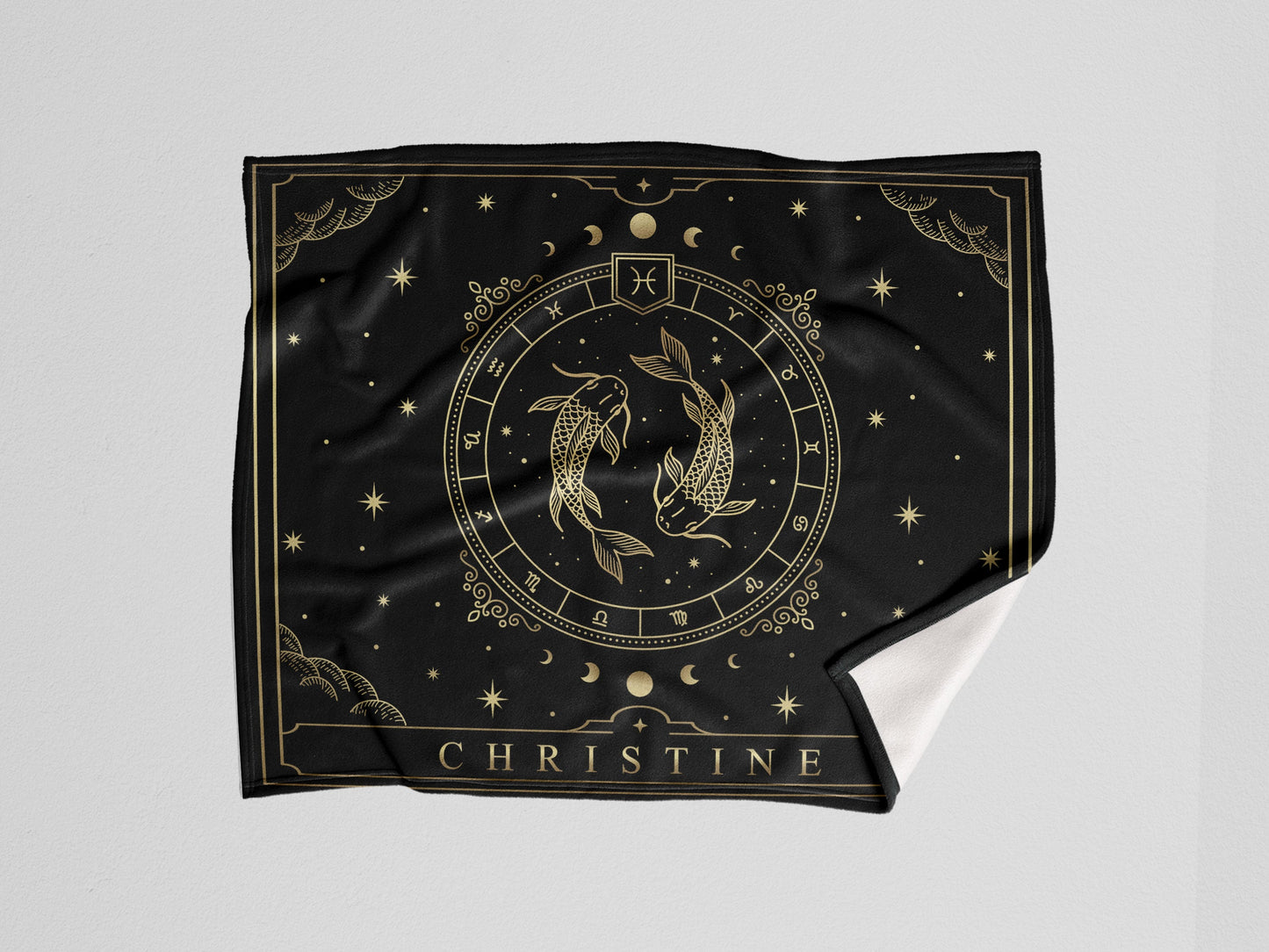 A black throw fleece blanket with pisces Zodiac sign and customized name with a white background