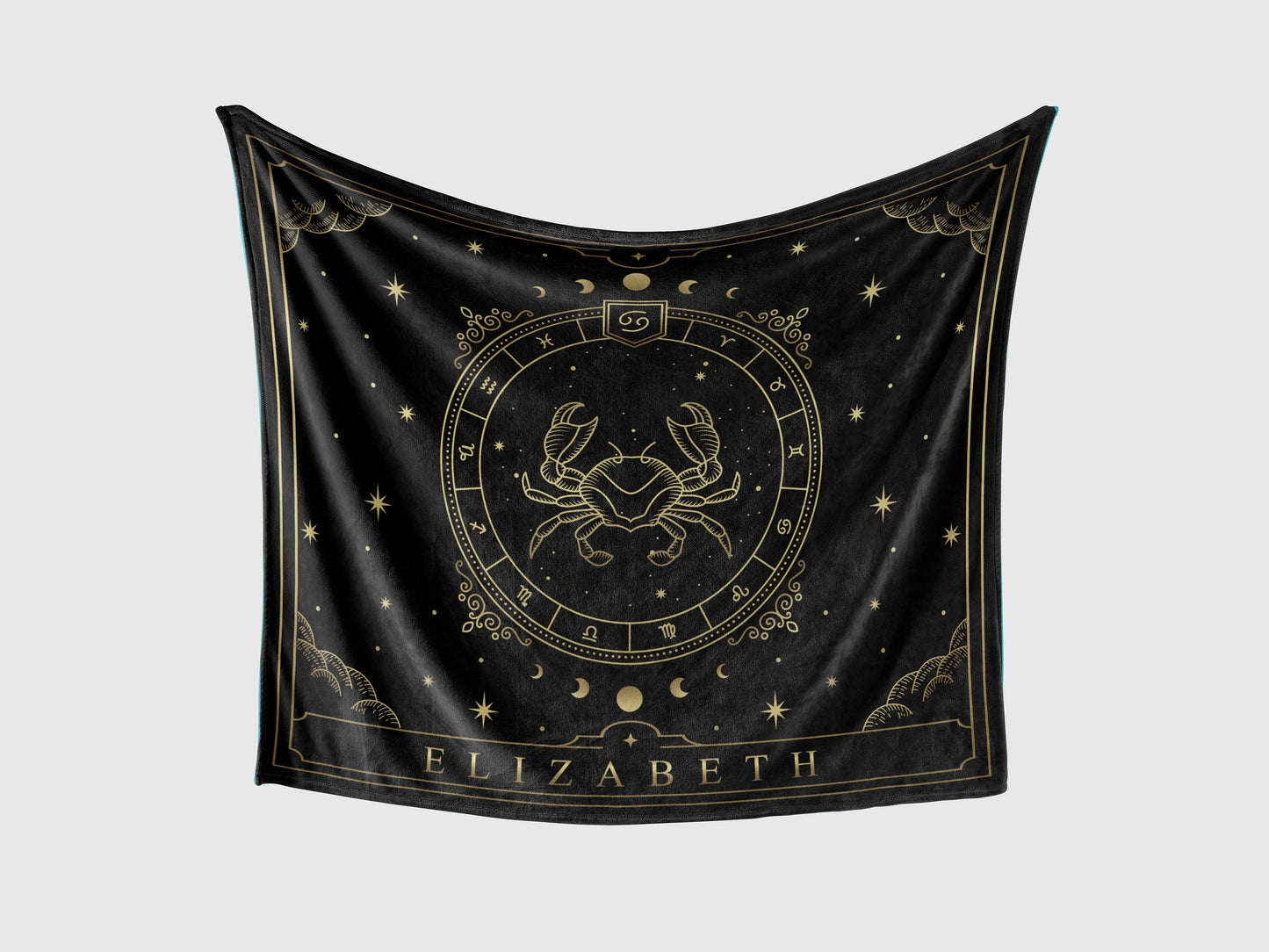 A black throw fleece blanket with Cancer Zodiac sign and customized name with a white background