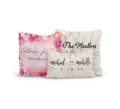 three different sizes Wedding Monogram Throw Pillows on a white background with customized name